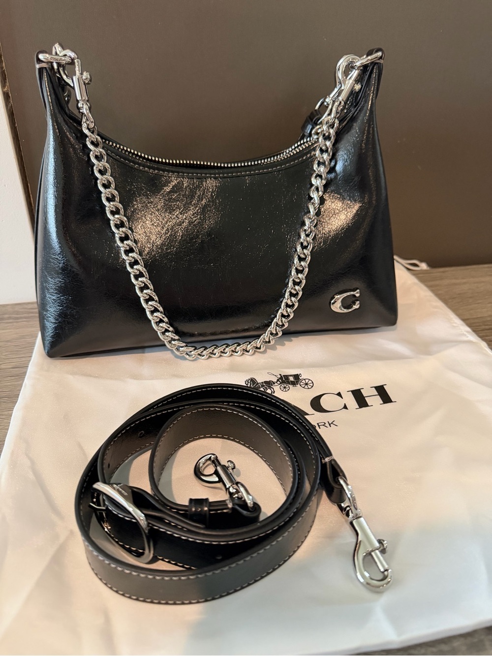 Coach Black Leather Shoulder Bag with Silver Chain - Picture 8 of 11
